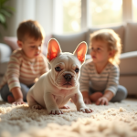 Jeune chiot bulldog français jouant avec des enfants dans un salon lumineux