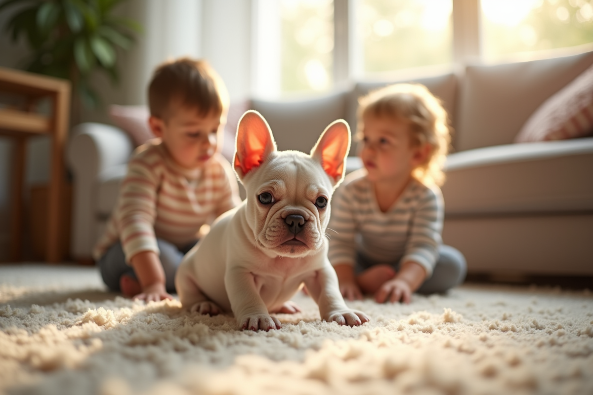 Jeune chiot bulldog français jouant avec des enfants dans un salon lumineux