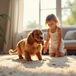 Chiot cocker spaniel jouant avec des enfants dans un salon lumineux