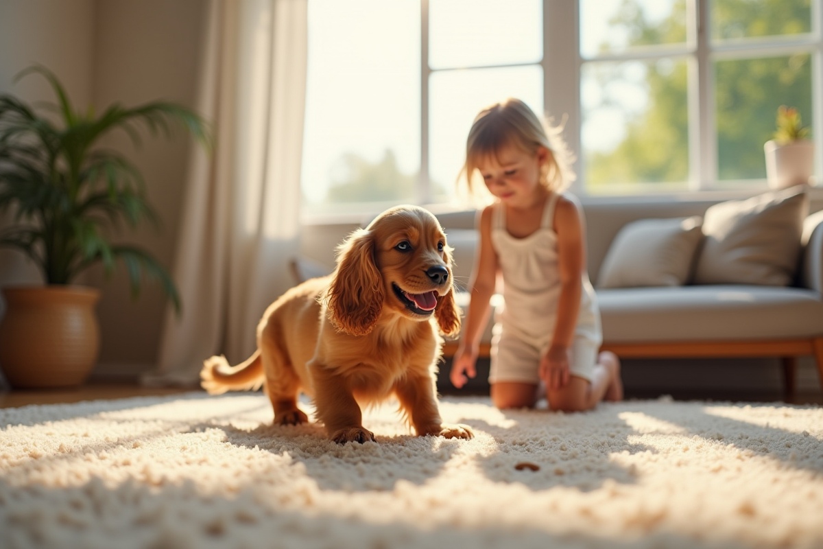 Chiot cocker spaniel jouant avec des enfants dans un salon lumineux