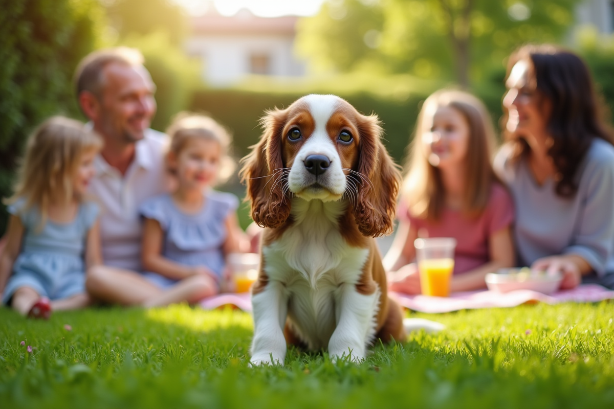 Chiot cocker spaniel dans un jardin lors d un pique nique en famille