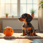 Chiot dachshund merle dans un salon lumineux et chaleureux