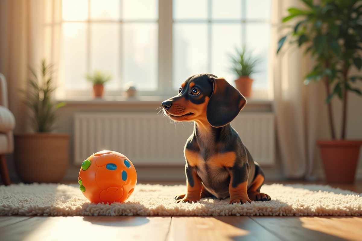 Chiot dachshund merle dans un salon lumineux et chaleureux