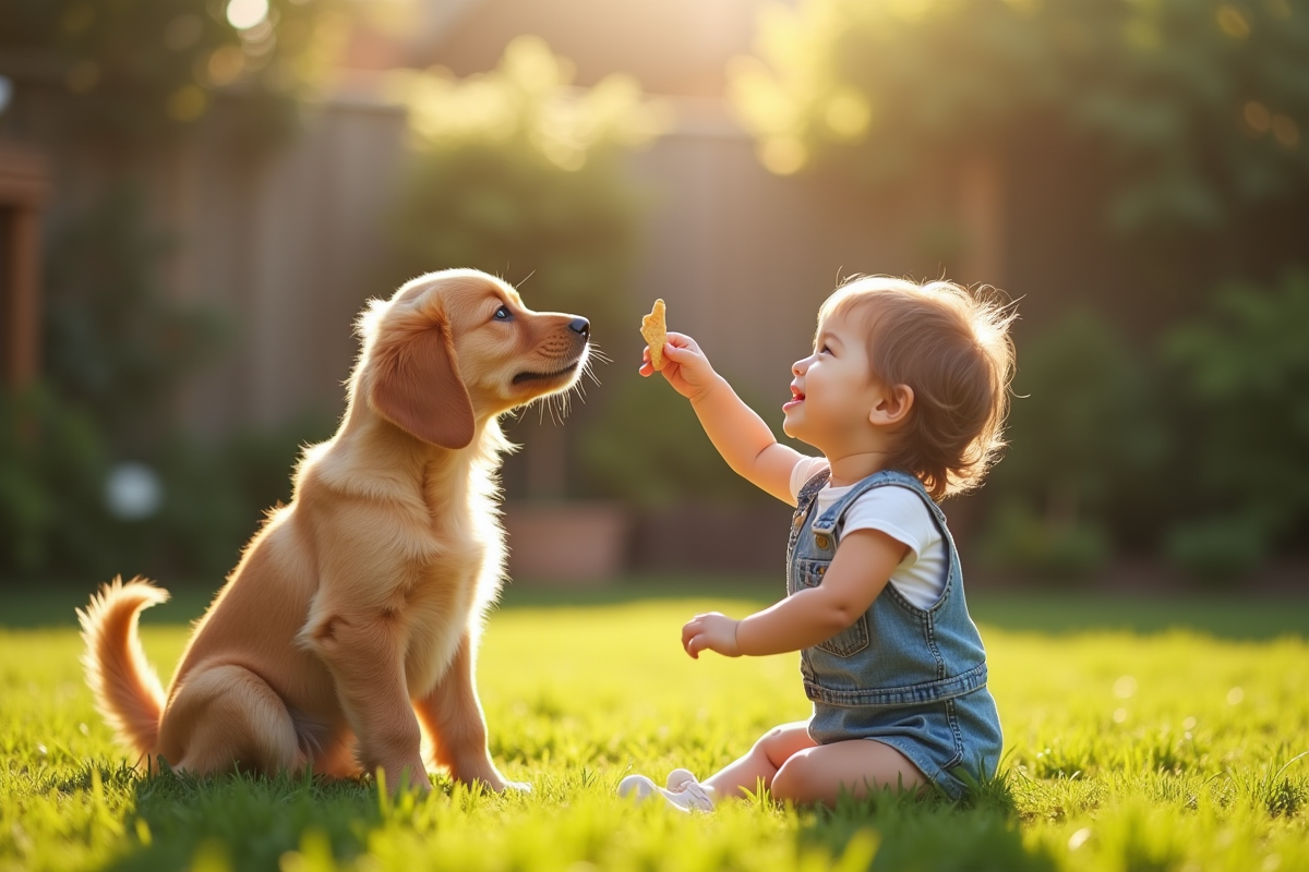 Chiot golden retriever dans le jardin avec un enfant