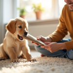 Chiot golden retriever jouant dans le salon lumineux