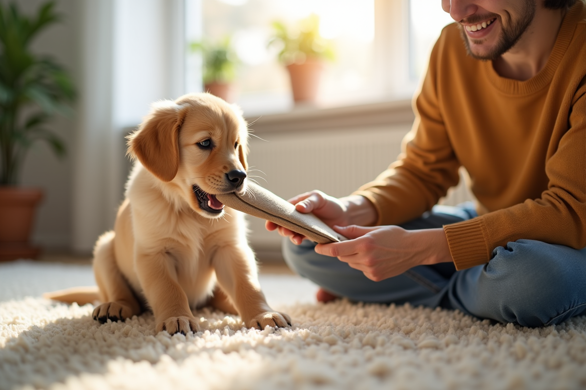 Chiot golden retriever jouant dans le salon lumineux