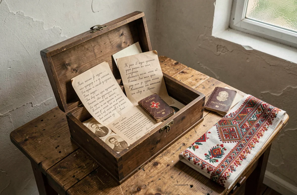 Coffret en bois vintage contenant des lettres manuscrites en latin et cyrillique, un passeport suisse et des photographies de famille sépia sur une table en chêne rustique