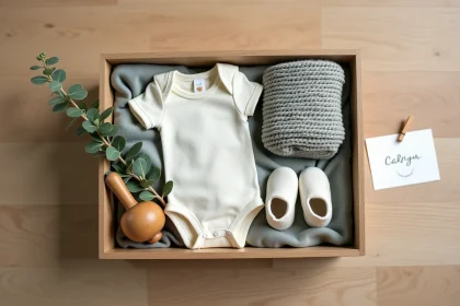 Coffret cadeau naissance mixte avec couverture tricotée grise, hochet en bois et body blanc sur table en chêne