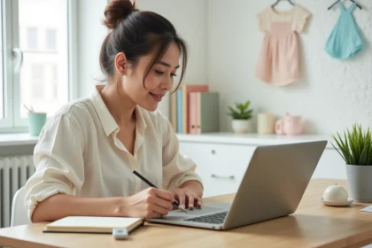 Jeune femme comparant des sites de liste de naissance en ligne sur un ordinateur portable dans un bureau cosy