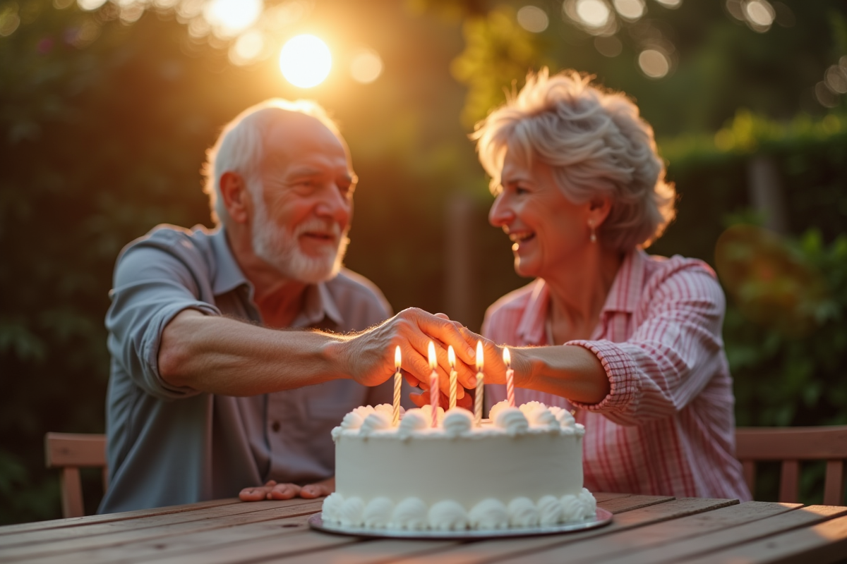 Couple âgé soufflant des bougies sur un gâteau d anniversaire en extérieur