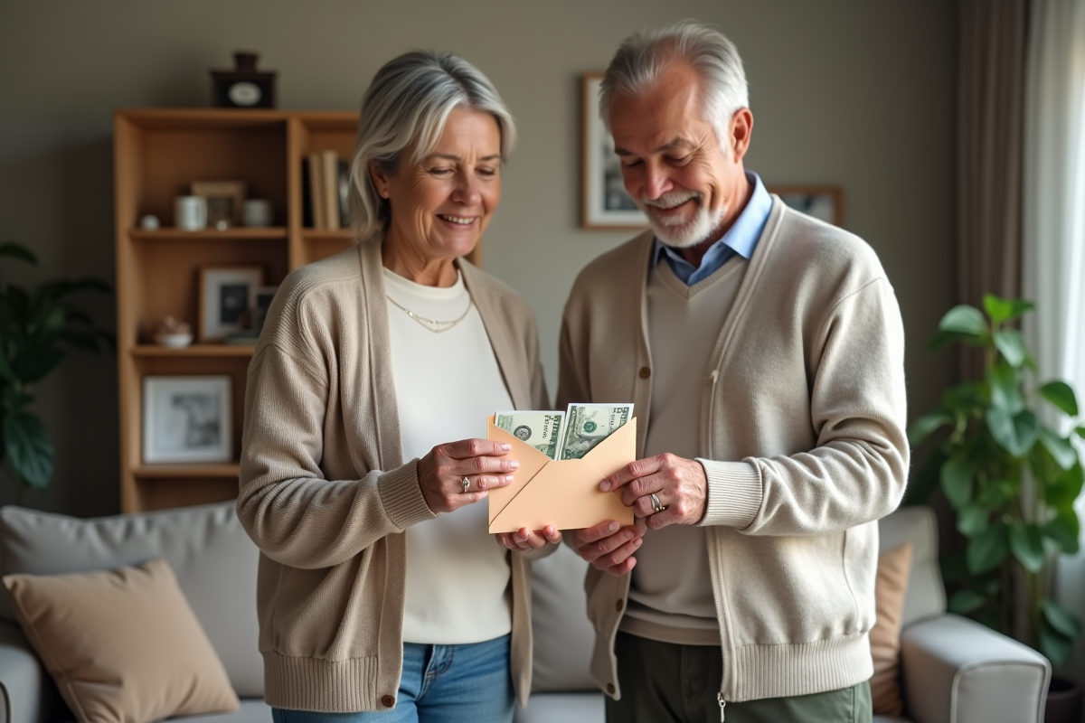 Couple d adultes comptant de l argent dans le salon