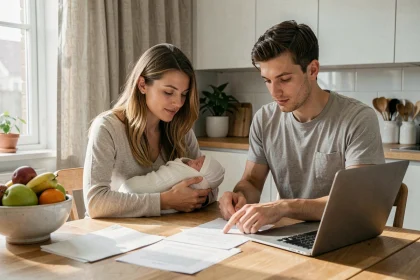 Jeune couple avec un nouveau-né consultant des documents sur le congé parental à la maison
