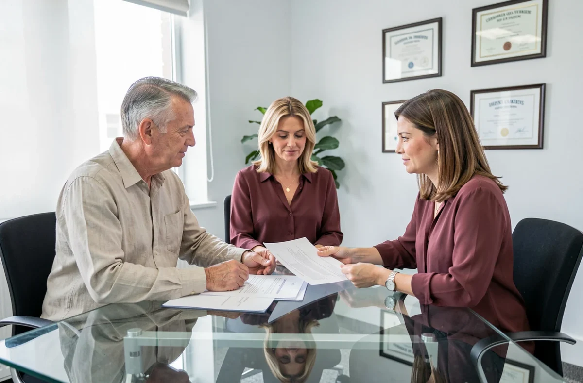 Couple consultant une notaire pour la rédaction d'un testament dans un office notarial moderne