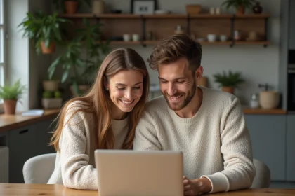 Couple assis à une table de cuisine moderne regardant un ordinateur portable