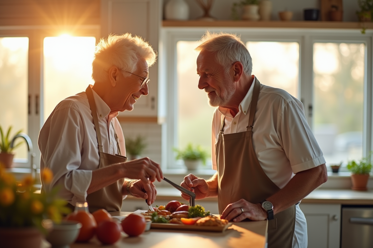 Couple agee cuisinant ensemble dans une cuisine lumineuse