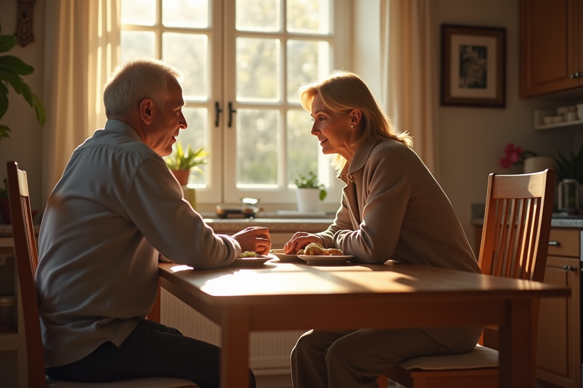 Couple mature assis à une table à la maison au matin