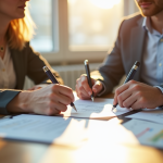 Couple avec documents juridiques et financiers lors d'une discussion