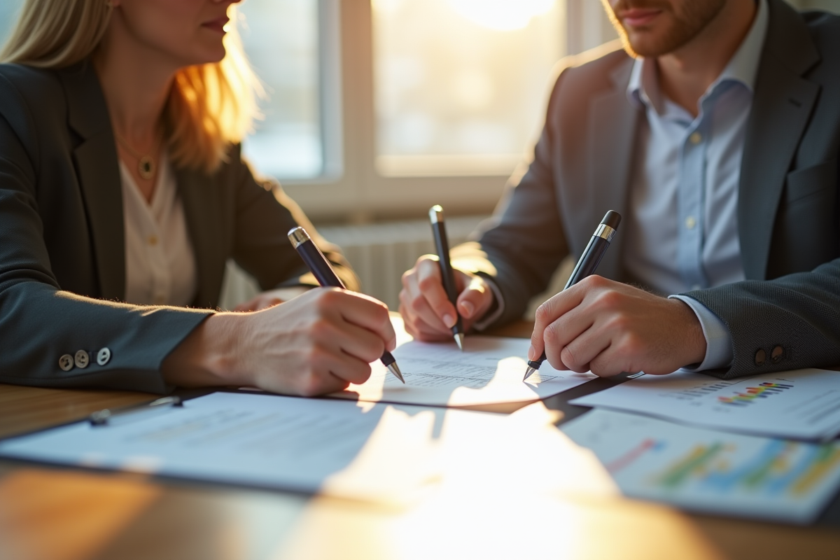 Couple avec documents juridiques et financiers lors d'une discussion