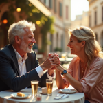 Couple mature souriant dans un café en Europe