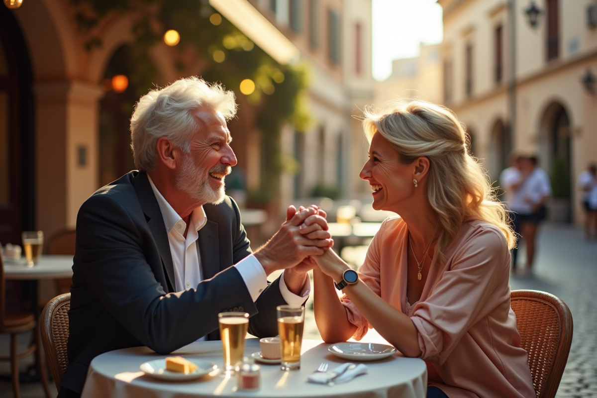 Couple mature souriant dans un café en Europe