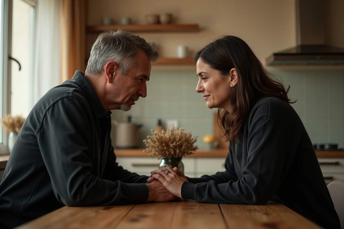 Couple endeuillé assis ensemble à une table de cuisine en bois, mains jointes, partageant leur peine en silence