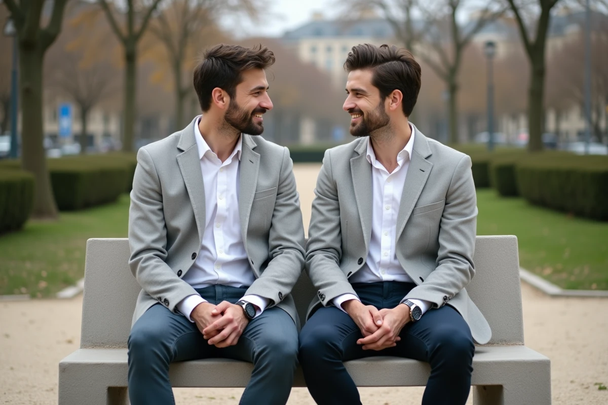 Deux hommes en conversation naturelle sur un banc de parc urbain, thème du couple et de la vie privée