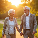 Couple mature souriant marchant dans un parc ensoleille