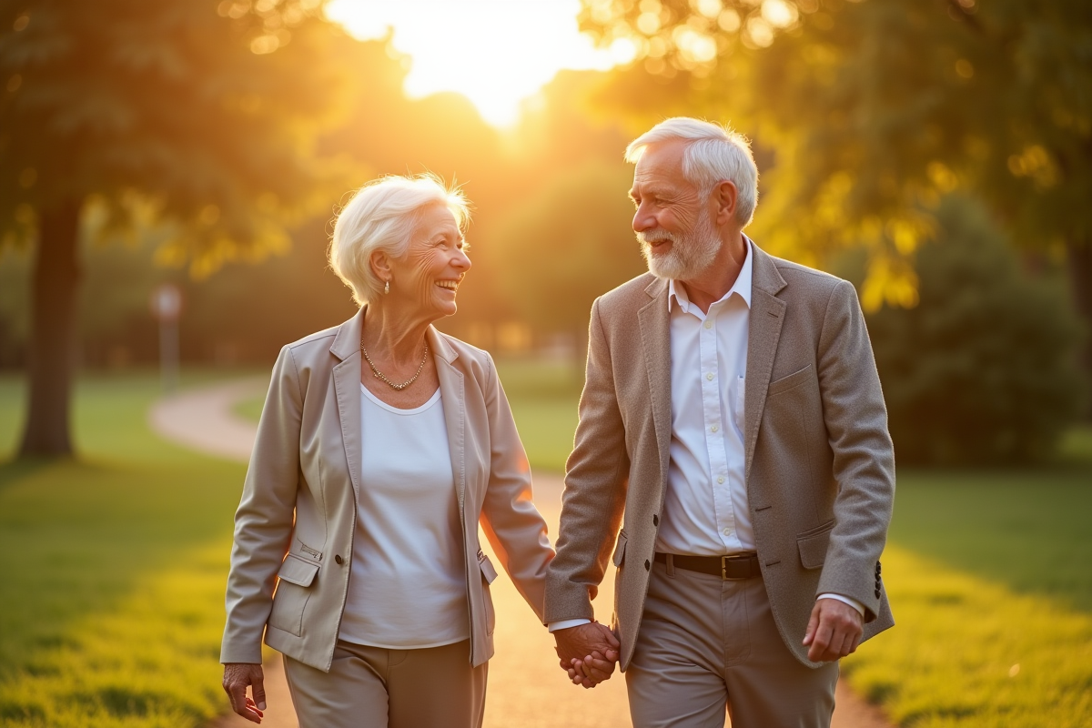 Couple mature souriant marchant dans un parc ensoleille