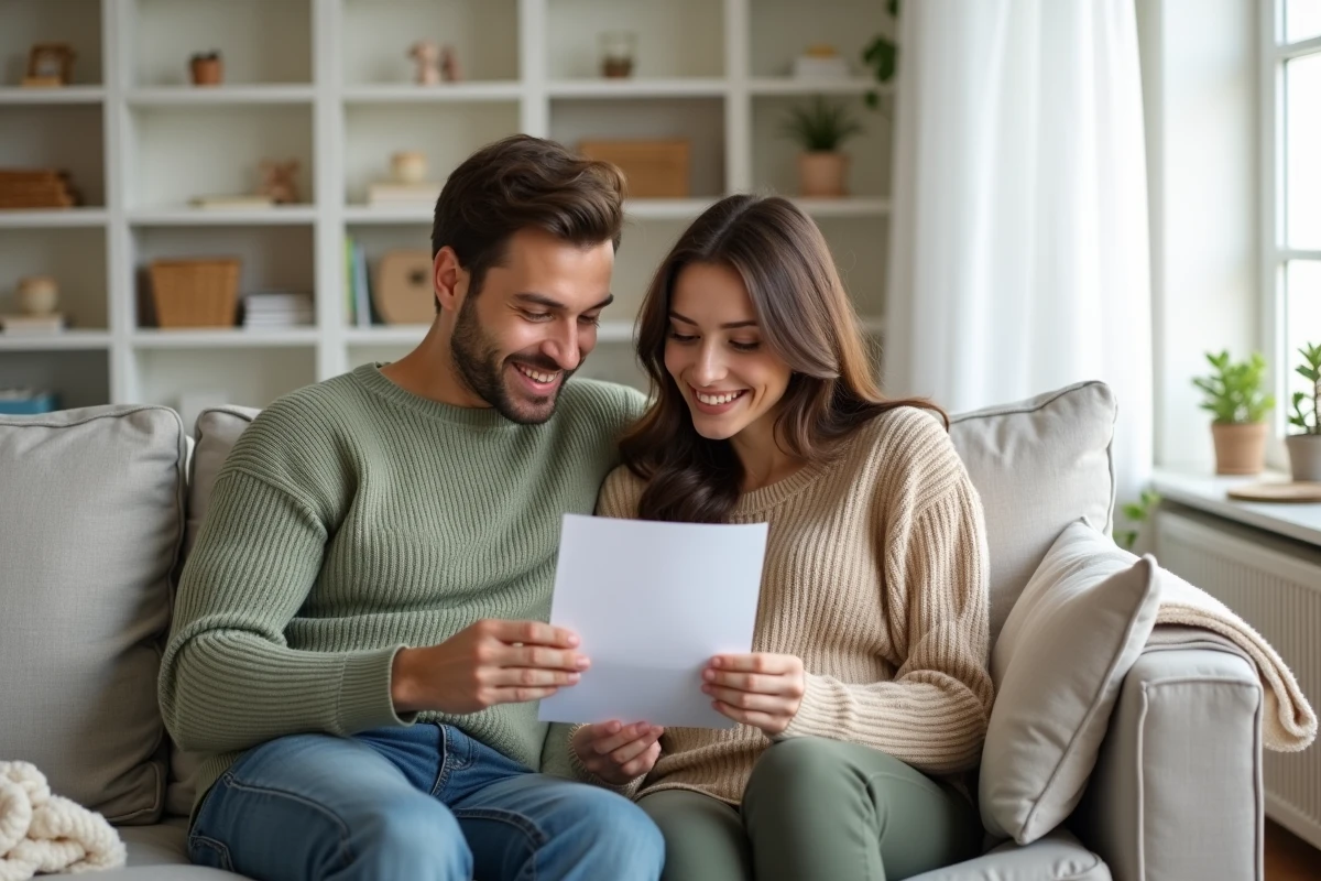 Couple examinant ensemble une liste de naissance imprimée dans un salon moderne et chaleureux