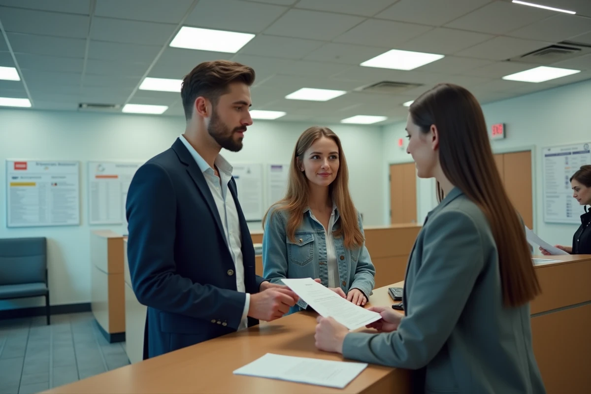 Couple déposant des documents officiels à un guichet de mairie pour un changement de nom après mariage