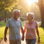 Couple mature se tenant la main dans un parc ensoleille