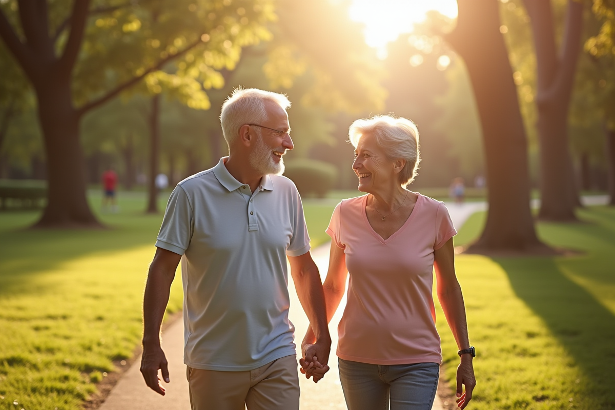 Couple mature se tenant la main dans un parc ensoleille