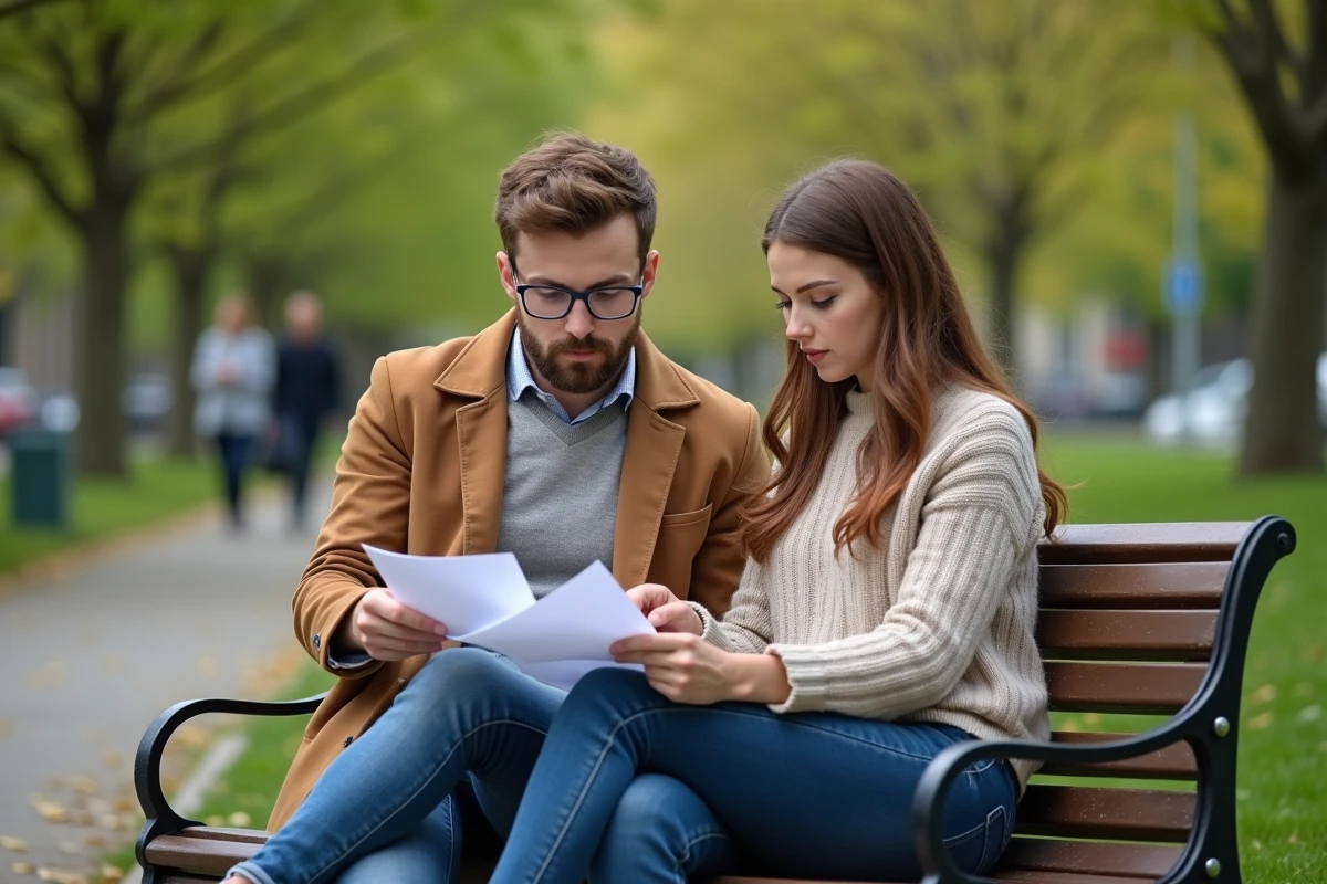 Jeune couple discutant sur un banc dans un parc urbain
