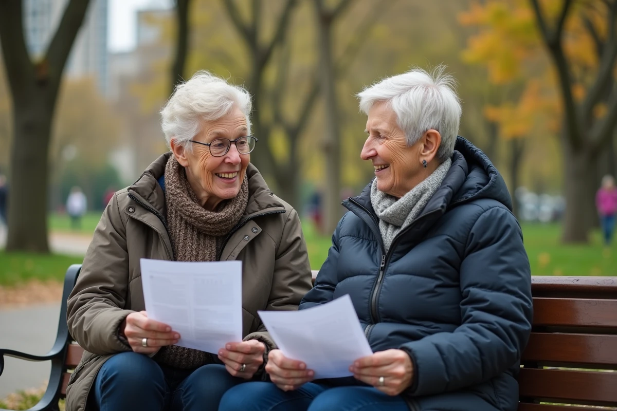 Vieux couple discutant sur un banc de parc en ville avec des papiers