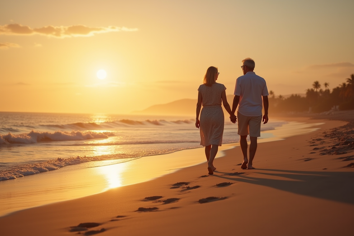 Couple de seniors profitant du coucher de soleil à la plage