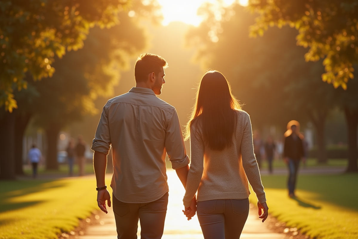 Couple marchant dans un parc ensoleille avec regard furtif