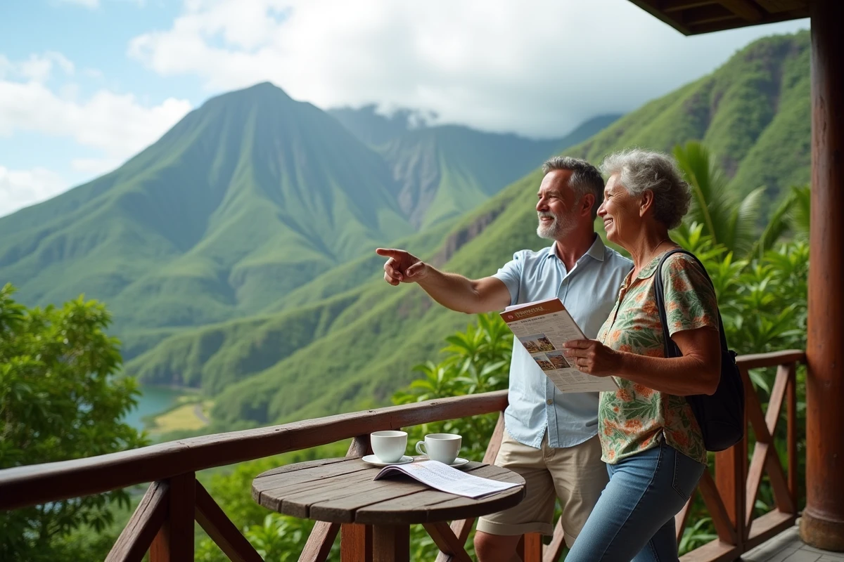 Couple réunionnais sur une terrasse avec vue sur les collines volcaniques, planifiant des vacances scolaires 2026