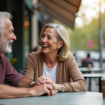 Couple souriant main dans la main à un café en plein air