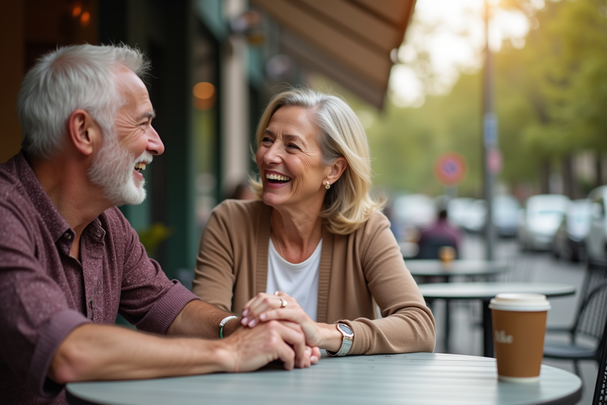 Couple souriant main dans la main à un café en plein air