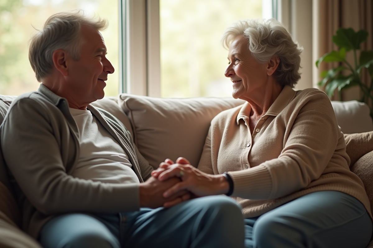 Couple d'âge moyen assis sur un canapé lumineux et chaleureux