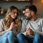Couple assis sur un canapé en discussion dans un salon moderne