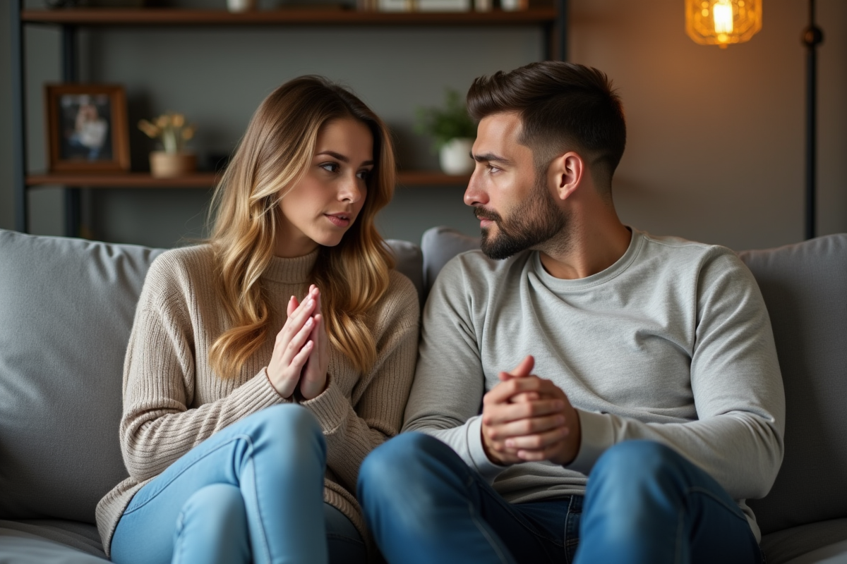Couple assis sur un canapé en discussion dans un salon moderne