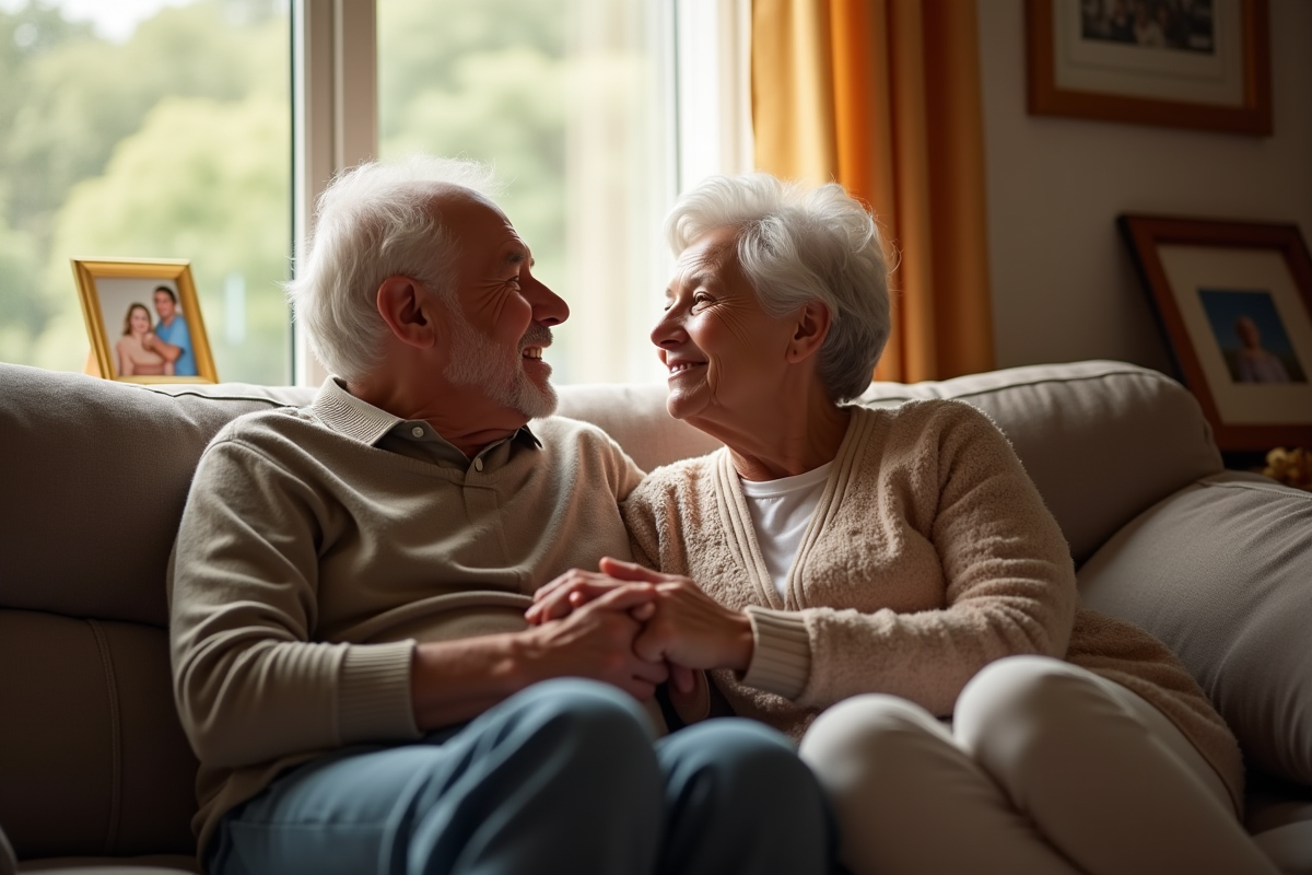 Couple senior assis sur un canapé chaleureux