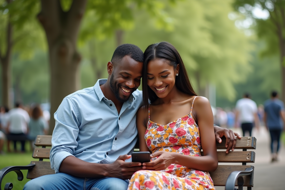 Couple interracial souriant avec téléphone dans un parc urbain