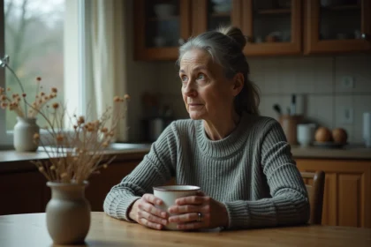 Femme seule à une table de cuisine tenant une tasse, regard perdu dans le vague lors d'une journée anniversaire de deuil
