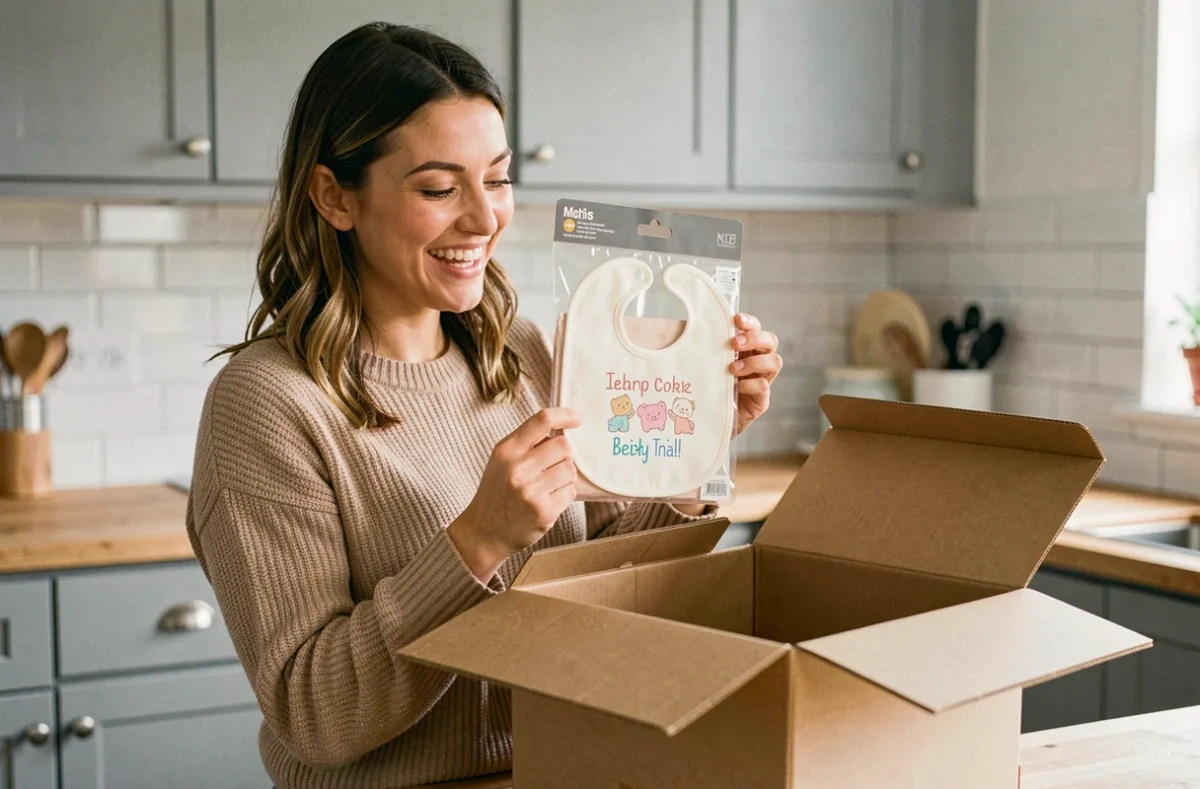 Femme découvrant un bavoir bébé personnalisé reçu par livraison dans sa cuisine moderne