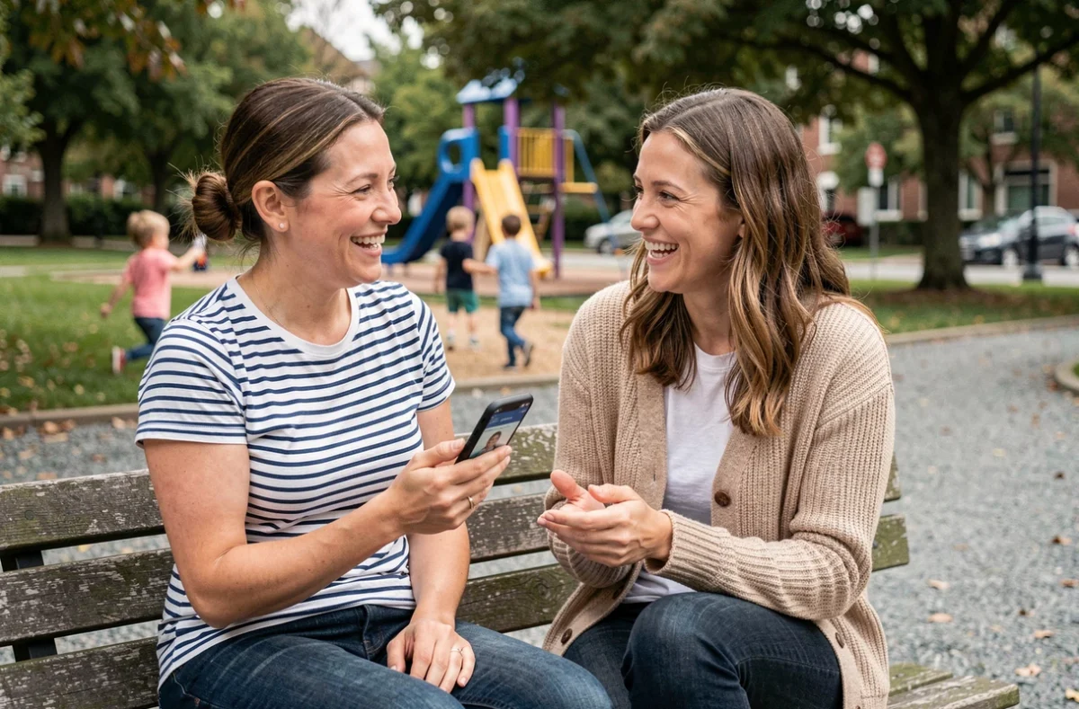 Deux mamans discutant sur un banc de parc en consultant un site de ressources parentales sur smartphone, avec des enfants jouant en arrière-plan flou