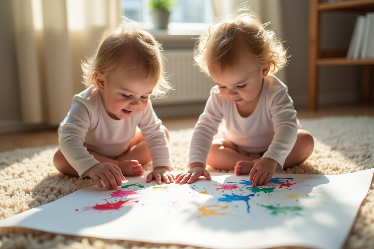 Deux tout-petits peignant avec leurs mains sur du papier blanc lumineux