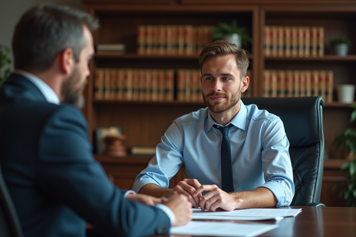 Jeune homme et avocat discutant de documents dans un bureau
