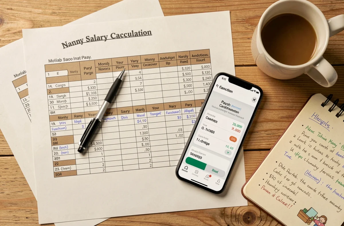 Vue aérienne d'un bureau avec des documents de calcul de salaire de nounou sur une année complète, un smartphone affichant une application de paie et des notes manuscrites de mensualisation